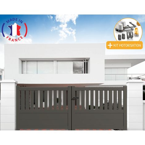 Portail aluminium battant semi-ajouré en kit + Motorisation dimensions L.3000 (entre piliers) X H.1300 mm LOCKYVIA (à bras) Couleurs Gris quartz (RAL 7039) (1/2)