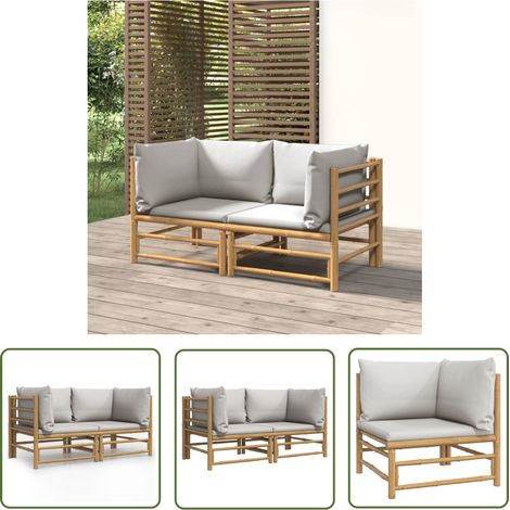 The Living Store Canapés d'angle de jardin avec coussins gris clair 2 pcs bambou - Canape D'angle - Mobilier De Jardin - Salon De Jardin - Canapé Extérieur - Bambou (1/5)