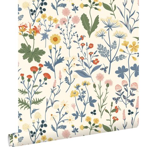 papier peint fleurs des champs blanc cassé et multicolore - ESTAhome