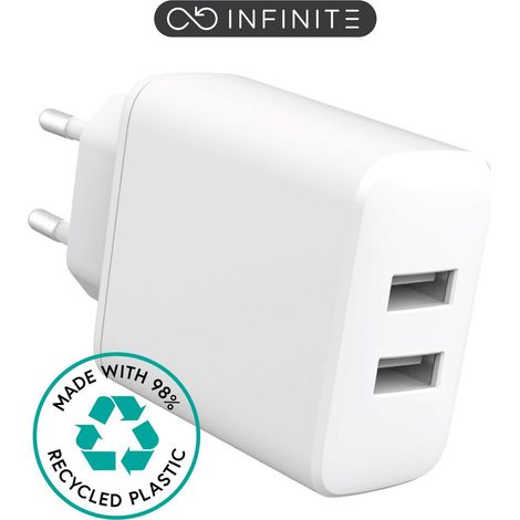 Cargador eSTUFF INFINITE USB-A UE de 24 W, 2 puertos USB-A, blanco, 98 % reciclado, ES637005-BULK