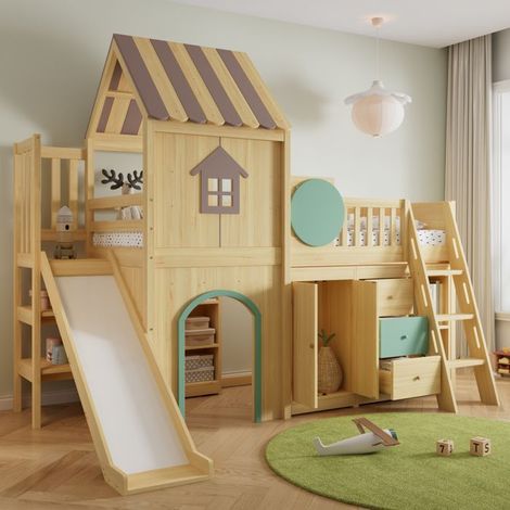 Lit mezzanine, 90x200cm, lit enfant, design maison, avec toboggan, escalier, rangements, commode et armoire, naturel et vert (1/5)