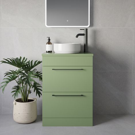 Napoli 390 Olive Green 600mm 2 Drawer Vanity Unit for Countertop Basins - 600mm - Gunmetal Grey 320mm Handle