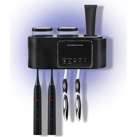 Wall-Mounted Toothbrush Holder with UV Sanitizer Automatic Drying Electric Toothbrush Holder Without Drilling Includes 4 Toothbrush Slots and 2 Cups 2 Methodes Charging (1/5)