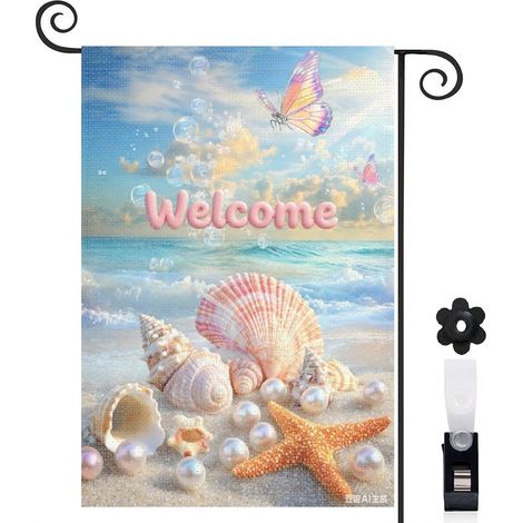 Drapeau de jardin 30 x 45 cm motif coquillages marins et décor plage toile double face (1/5)
