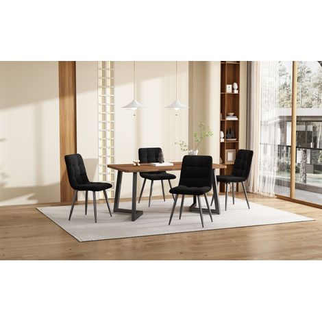 Ensemble de salle à manger 5 pièces,table en bois pieds métal noir plateau MDF noyer,4 chaises en velours noir pour intérieur moderne. (1/5)