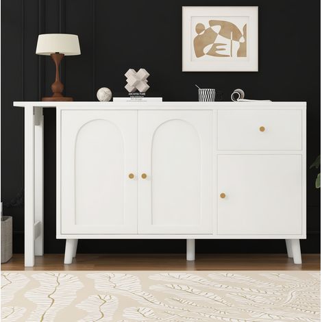 2-in-1 drehbarer Schreibtisch mit Sideboard, 3 Türen, 1 Schublade, weiß HAVRYA (1/5)