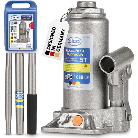 alca® Wagenheber Unterstellheber inkl. Koffer hydraulischer Flaschenheber 5t Tragkraft Stempel-Wagenheber für SUV/PKW Hubhöhe: 197 bis 382 mm TÜV zertifiziert