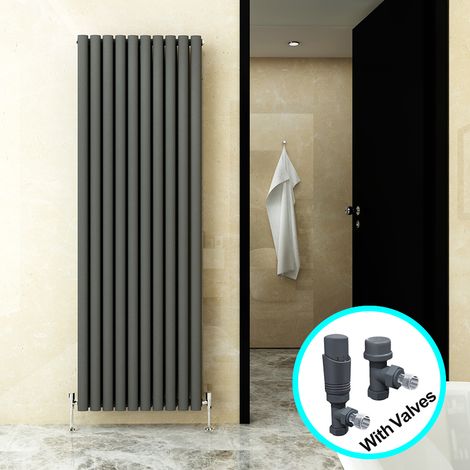 ELEGANT Central Heating Radiator 1800 x 590mm Vertical Anthracite Double Panel Oval Column Rad + Thermostatic Radiator Valves (1/5)