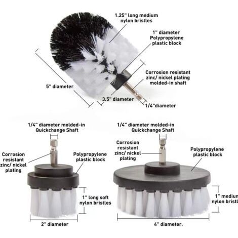 Brosse de perceuse brosse pour tapis de sol brosse pour carreaux de verre brosse pour disque d'évier Poils doux Blanc Manche à changement rapide (1/5)