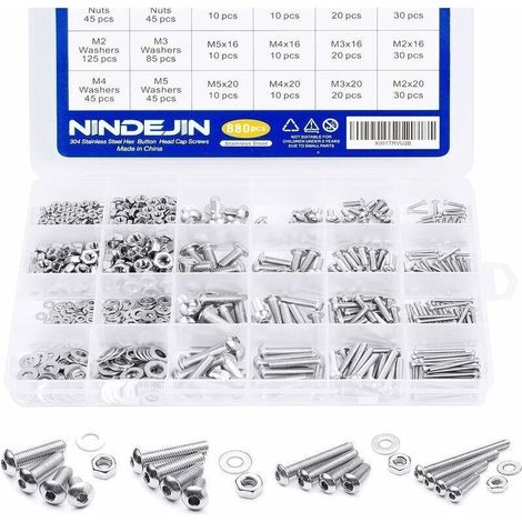 880 PCS Assortiment Vis Inox M2 M3 M4 M5 Métrique à Tête Ronde et Plate Boulon à Douille Hexagonale, Écrous Ronds, Rondelles Métal, Clé à Vis (1/5)