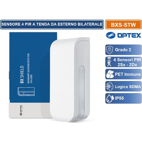 OPTEX BXS-STW SENSORE RILEVATORE A TENDA CABLATO 4 PIR DESTRA SINISTRA INDIPENDENTI PORTATA 12M + 12M DA ESTERNO IP55 (1/5)