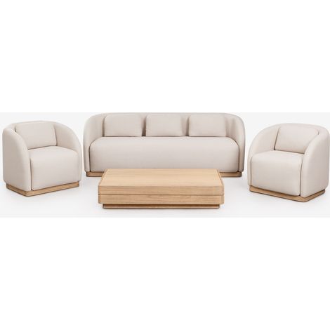 Conjunto de salón con sofá de 3 plazas, 2 sillones y mesa de centro rectangular 130x75 cm en madera de acacia Verona SKLUM (1/5)