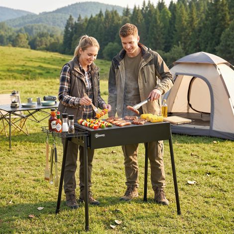 Barbecue à charbon de bois avec 2 grilles en acier inoxydable, barbecue portable pour le camping, 94 x 39 x 70 cm, noir (1/5)