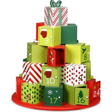 Calendario de Adviento redondo de madera hecho a mano con 24 compartimentos y puertas con cierre magnético. Decoración navideña reutilizable para hogares y fiestas infantiles. (1/5)