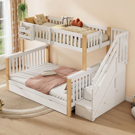 Lit superposé enfant 90x200 cm blanc/naturel,panier rangement,tiroirs,échelle placard,multiples rangements,sécurisé,sans matelas