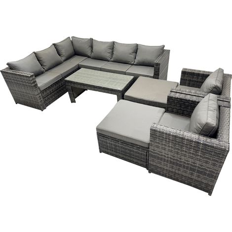 Fimous 7 Pieces Outdoor PE Rattan Garden Furniture Corner Sofa Oblong Coffee Table Set with Cushions Chair 2 Big Footstools Dark Grey Mixed (1/5)