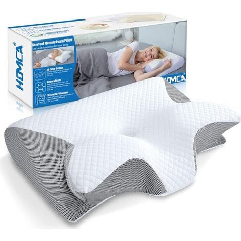 Oreiller Ergonomique Cervical, 2 en 1 Oreiller à Mémoire de Forme pour la Nuque, Coussin pour Dormir sur Le Côté et sur Le Dos, 60x40x12/14cm, Gris (1/5)