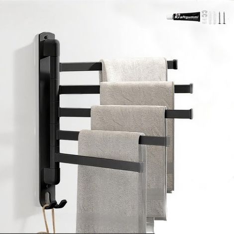 Porte-serviettes rotatif à 5 bras avec crochets, fixation murale sans perçage, en acier inoxydable, gain de place pour salle de bain et cuisine - Noir (1/5)