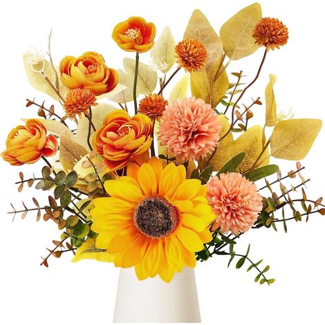 Kunstblumen Herbststrauß Sonnenblumen Tischdeko 32CM Gelb Rosa 1 (1/5)