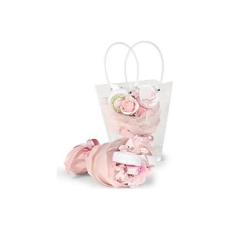 Composition florale rose avec sac en PVC, 24x16 x H. 25 cm (lot de 3)