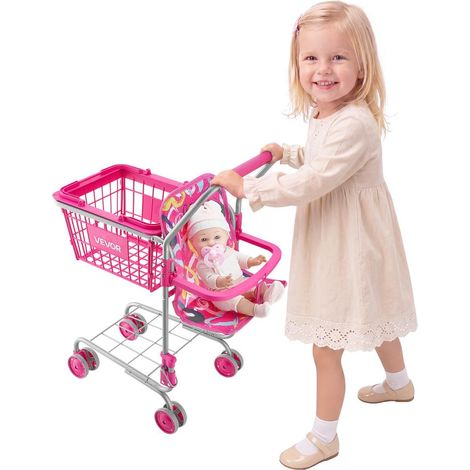 Chariot de Courses Enfant Pliable Caddie Jouet avec Poupée 7 L 2 Niveaux 4 Roues Dès 3 Ans (1/5)