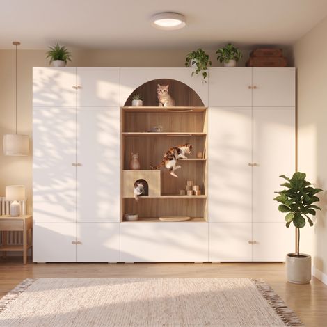 Armoire penderie 3-en-1 270 cm avec meuble pour chat, mur d’escalade, niche, coussin, 1 tringle et 12 rangements, blanc et effet bois (1/5)