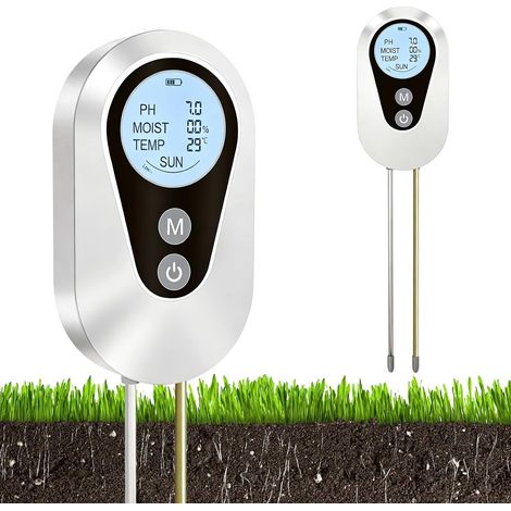 unidad de analizador de suelo, analizador digital de pH del suelo 4 en 1 con medición de pH, temperatura, humedad y luz, medidor de humedad para plantas. (1/5)
