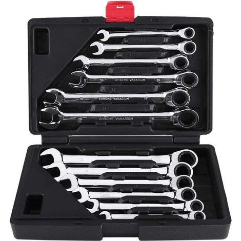 Clé Plate/Anglaise à Cliquet, Coffret de Clé à Douilles et Embouts Clé à Molette à Cliquet 8mm-19mm 12pcs pour Garage Bricolage(Clé Anglaise) (1/4)