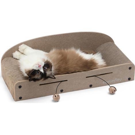Grattoir pour Chat de 66 cm en Carton Durable, Grande Chaise Longue, Meubles pour Chat, 2 Griffoirs Réversibles pour Chats d'Intérieur, Lit Recyclable en Carton avec Balle Cloche, Beige (1/5)