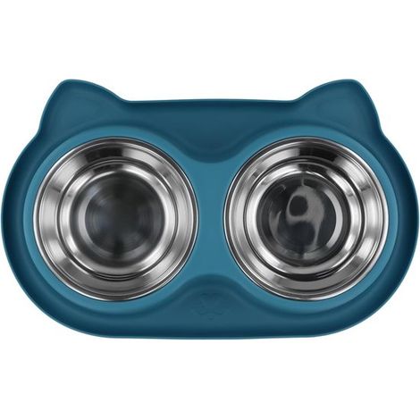 Comedero doble para gatos, perros y mascotas - Alfombrilla antideslizante de silicona - 38 x 23,5 cm - Azul (1/5)