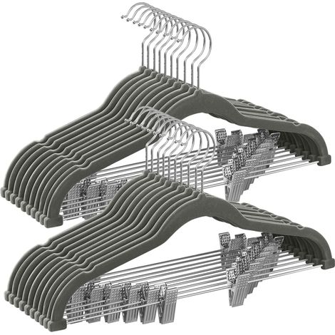 Cintres pour Pantalons, Lot de 20, en Velours, Longueur 42,5 cm, avec Pinces Réglables, Antiglisse, Gain de Place, pour Pantalons, Manteaux, Robes, Gris (1/5)