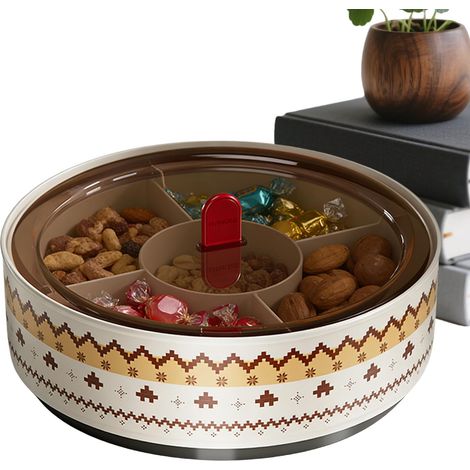 Plateau de Service à Compartiments,Plateau Tournant à Couvercle Transparent avec 5 Compartiments Séparés,Boîte à Snacks - pour Fruits Noisettes Pistaches Cerises Bonbons Voyage Fêtes (1/5)