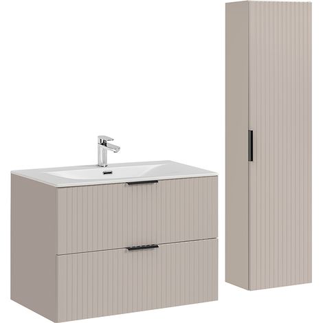 Waschtisch und Hängesäule 80cm Adriel mit 2 Schubladen, Beige