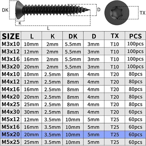 M5 x 20 mm Vis Bois Inox Torx Tête Fraisée Plate Filetage Complet pour Panneaux d'aggloméré Meubles (1/4)