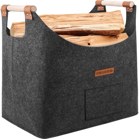 Panier bois cheminée panier buche en feutre très épais et poignée renforcée Pliable Sac en feutre pour les courses, le bois, le journal (Noir, 45x40x32cm) (1/5)