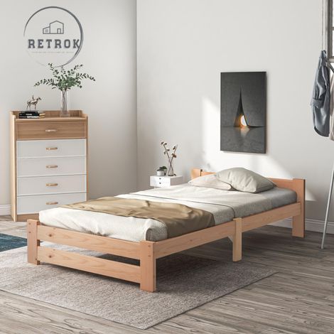 Lit futon en bois massif naturel - 90x200 cm - Avec tête de lit et sommier à lattes