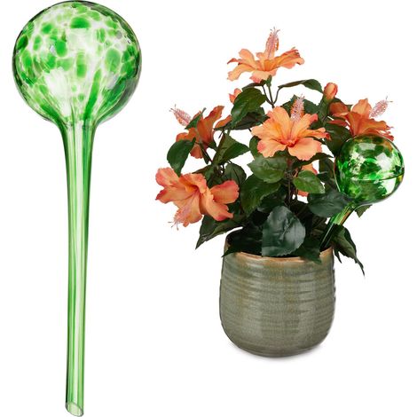 12 Globos de riego, Dispensadores de agua, Autorriego, Cristal, Ø 9 cm, para Macetas, Regadores Vidrio, Verde
