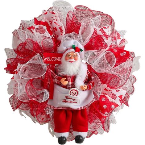 Guirlande De Noël - Couronne De Porte Avec Père Noël En Peluche - Décoration Artificielle Pour Extérieur Intérieur - 40 Cm - 1 Pièce (1/5)