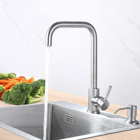 Grifo mezclador de cocina de acero inoxidable cepillado CECIPA, grifo de cocina con caño alto y curvo, giratorio 360° (1/5)