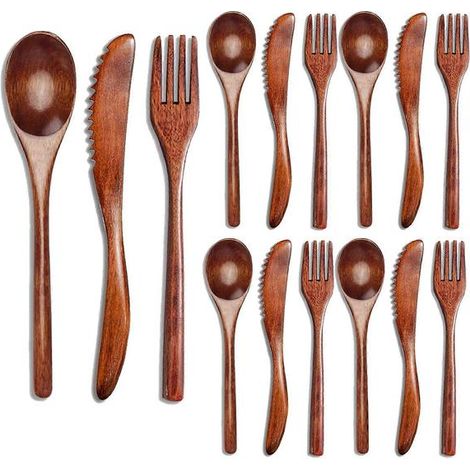 [KK] Ensemble de couverts en bois de 15 pièces (cuillère, fourchette, couteau) pour la table et la cuisine. (1/5)