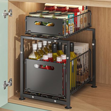 Tiroir Coulissant Sous Évier - 1 Unité - Acier au Carbone Noir - Hauteur Réglable 41-49cm - Cuisine et Salle de Bain - 37,5x26,5cm (1/5)