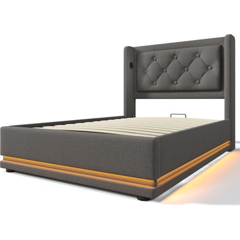 Cama con canapé tapizada 90x200 cm gris con LED 3 lados, USB-C, cabecero y colchón (1/5)