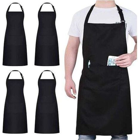 Tabliers, tablier noir avec 2 poches, tablier imperméable réglable pour hommes et femmes, tablier de cuisine professionnel pour cuisiner, lot de 4 (1/4)
