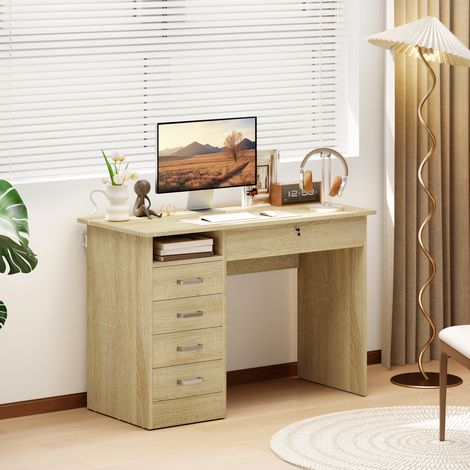 Bureau moderne avec 5 tiroirs. grand plateau. 1 compartiment ouvert. tiroir verrouillable. 110 x 50 x 76cm. chêne (1/5)
