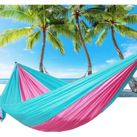 Hamac double portable de voyage pour camping avec sangle d'arbre (bleu ciel épeautre rose) (1/5)