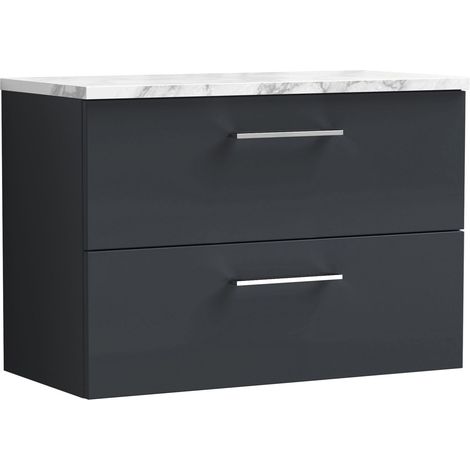 Nuie Arno Wall Hung 2-Drawer Vanity Unit with Carrera Marble Worktop 800mm Wide - Satin Anthracite (1/4)