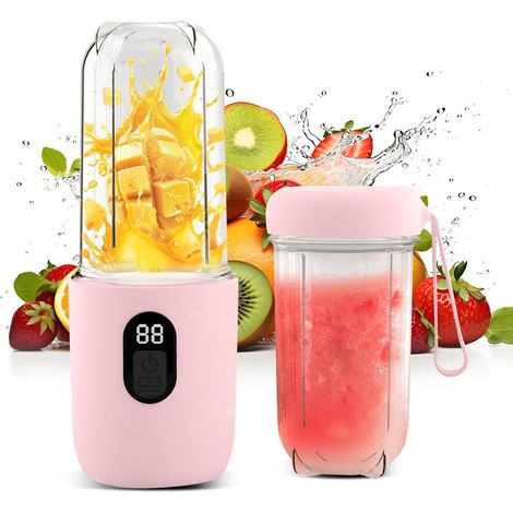 Blender Portable, presse-agrumes électrique portable avec affichage numérique, tête de coupe en acier inoxydable à 16 lames - Rose (1/5)