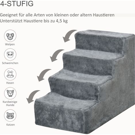 Escalier pour chien 4 marches 44 cm de haut, rampe pour petit chien et chat, housse lavable, aide d'accès pour lit, canapé, sofa gris clair (1/4)