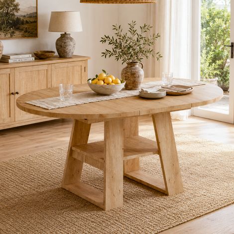 Table ronde extensible 110/150x110cm, avec rangement intégré, pour 4 à 6 personnes, effet chêne, plateau naturel et mécanisme d'extension fluide, rangement pratique (1/5)