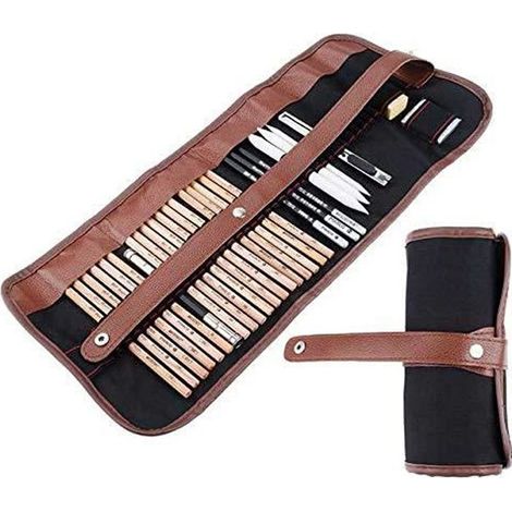 Set professionale per disegno e schizzi con matite di grafite, carboncino, matite cancellabili, taglierino e custodia in tela. (1/4)